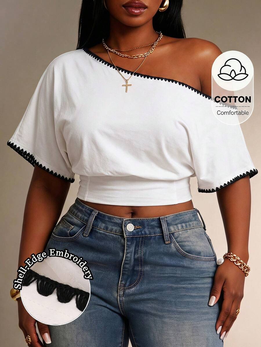 Radiana Plus Size Women's Basic Cotton Fabric Asymmetrical Off-Shoulder Cinched Waist Shell Embroidery Minimalist Top - White - View 1