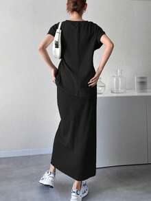 DAZY Women's Solid Color Minimalist Casual Basic Notch V-Neck Top And Tie-Up Maxi Skirt 2 Pieces Set Summer Lounge Sets Brunch Black - Black - View 5