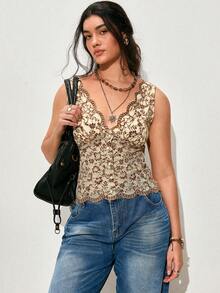 Nubod Plus Size Women's V-Neck Lace Fitted Versatile Everyday Top - Apricot - View 6