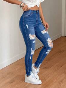 SHEIN Tall 女款高腰磨損毛邊修身藍色牛仔褲，春夏休閒度假街頭風女裝長褲七分褲 - 深色水洗藍 - 查看 3
