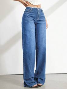 SHEIN Tall 女款高腰鈕扣口袋寬鬆寬腿藍色牛仔褲，春夏休閒度假日常街頭七分牛仔褲 - 中等水洗藍 - 查看 3