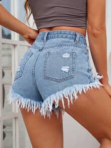 SHEIN PETITE 夏季休閒破洞牛仔短褲，毛邊下擺 - 淺色水洗藍 - 查看 2