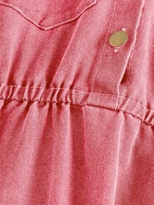 SHEIN Explorewe Tween女孩返校季新款休閒時尚復古設計極簡條紋披肩短袖中長牛仔洋裝，夏季高腰質感洋裝，適合女孩夏季出遊日常休閒韓系穿搭 - 粉色 - 查看 5