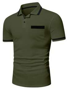 Calvornis 男士夏季休閒拼接飾邊短袖 Polo 衫 - 軍綠色 - 查看 3