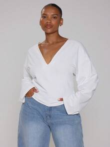MUSERA Curve White Cotton Button Down High Neck Detail Top - Purple - View 1