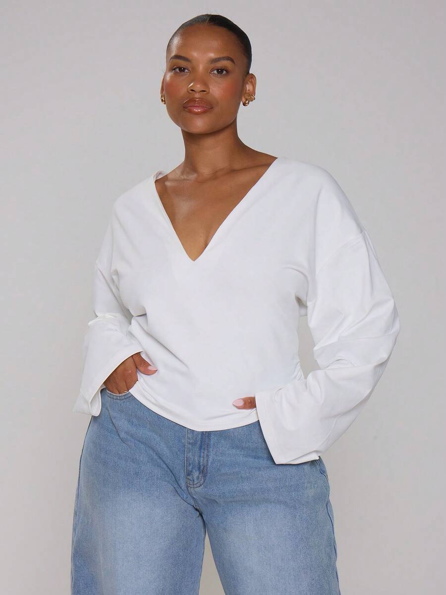 MUSERA Curve White Cotton Button Down High Neck Detail Top - Purple - View 1