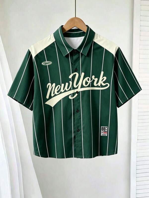 Chillumni NewYork #23 Dark Green Striped Boxy Sports Shirt, Men's Classic College Casual Sports Striped Short Sleeve Shirt, Unisex College Casual Sports Loose Boxy Shirt