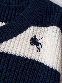 SHEIN 青少年女孩秋冬新款休閒學院風皇家藍條紋刺繡V領寬鬆針織毛衣 - 藍白色 - 查看 4