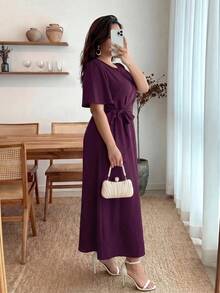 Enliva Plus Size Elegant Solid Color Tie-Wrap Dress, Suitable For Party Curve Elegant Dress Plus Size Bridesmaid Dress - Red Violet - View 4