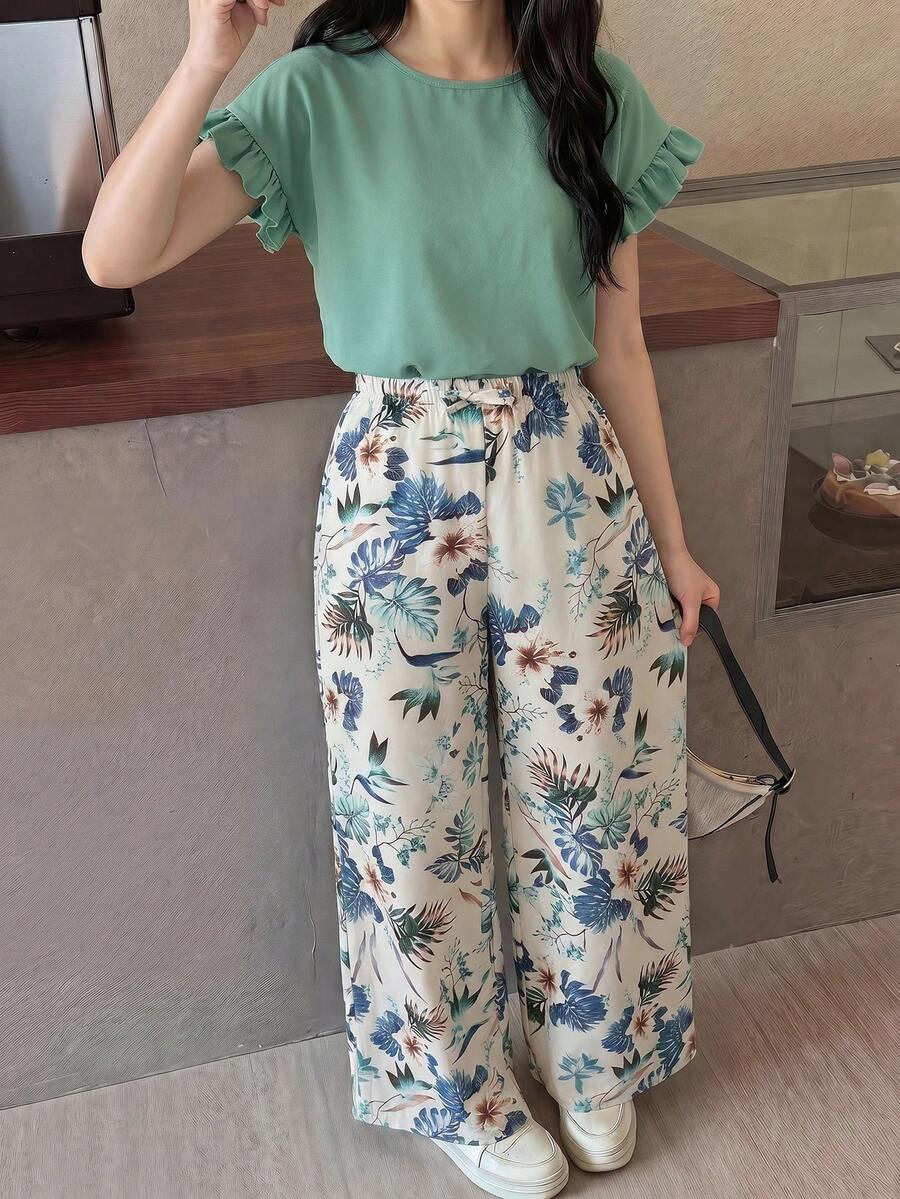 SHEIN Tween女孩套裝 梭織純色短袖T恤搭配碎花長褲休閒套裝 - 彩色 - 查看 1