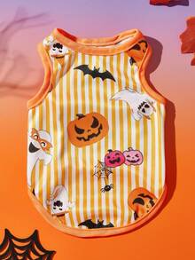 2pcs Pet Cat Dog Universal Halloween Striped Pumpkin Ghost Cartoon Pattern Printed Fashionable, Breathable And Comfortable Dog Vest, PETSIN Original Design - Multicolor - View 7