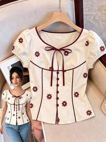 SHEIN Elenzya Damen-Bluse mit blauem kleinen Chrysanthemen-Muster, einfarbig mit Kontrastsaum, Puffärmeln, Kontrastfarbe, Schleife, Knöpfen, V-Ausschnitt, elegant, figurbetonend, tailliert, kurz, für den Sommer - Verschiedenfarbig - Übersicht 1