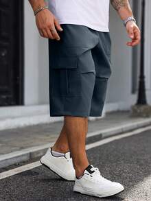 Manfinity Homme Plus Size Men's Drawstring Waist Solid Color Casual Versatile Daily Wear Cargo 3/4 Pants - Royal Blue - View 4