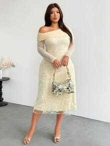 Sassy Hour Plus Size Women's Autumn/Winter Elegant Exquisite Date Cocktail Formal Party Wedding Asymmetric Neck Long Sleeve Embroidered Mesh Cream Mermaid Dress - Apricot - View 3