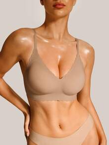 Barelissa 1pc Minimalist Comfortable Wavy Edge Jelly Glue Seamless Removable Padding Push-Up Women's Bra - Apricot - View 5