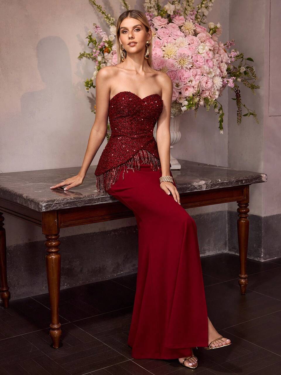 MOTF Soiréza WOMEN'S ELEGANT SEQUIN CORSET HIGH SLIT MERMAID HEM MAXI GOWN WITH TASSEL TRIM FOR FORMAL PARTY