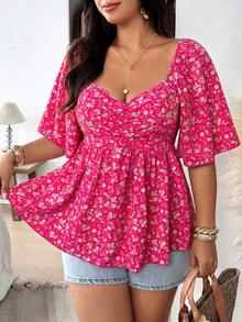 Vionelle Plus Size Small Floral Print Spring Summer Casual Versatile Elegant Women's Blouse - Hot Pink - View 3