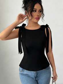 Selianne Blusa elegante y de moda de unicolor con tirantes para mujer - Negro - Ver 5