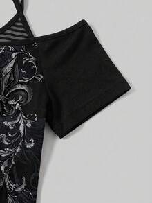 Attitoon 休閒極簡風黑灰街頭風捲花箭頭印花對比色黑灰條紋女款2合1T恤，適合春夏 - 彩色 - 查看 6