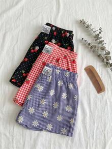 SHEIN EZwear 3件組舒適女款短款休閒短褲，梭織面料，適合日常穿著，迷彩印花短褲套裝 - 彩色 - 查看 6
