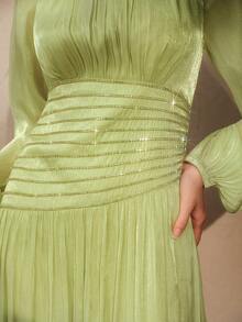 Anewsta Women's Elegant Round Neck Long Sleeve Beaded Chain Ruched Waist Shiny Party Long Dress - Green - View 1