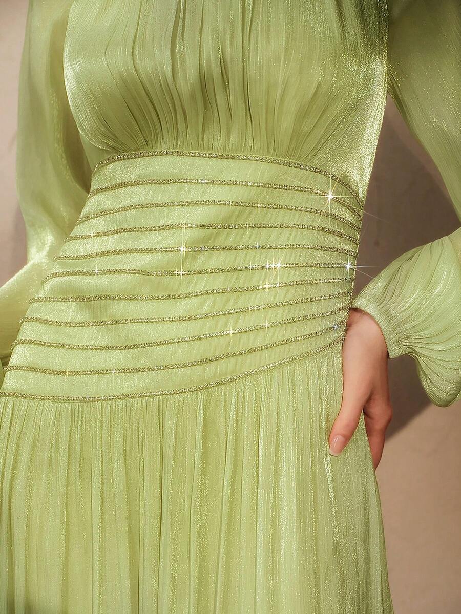 Anewsta Women's Elegant Round Neck Long Sleeve Beaded Chain Ruched Waist Shiny Party Long Dress - Green - View 1