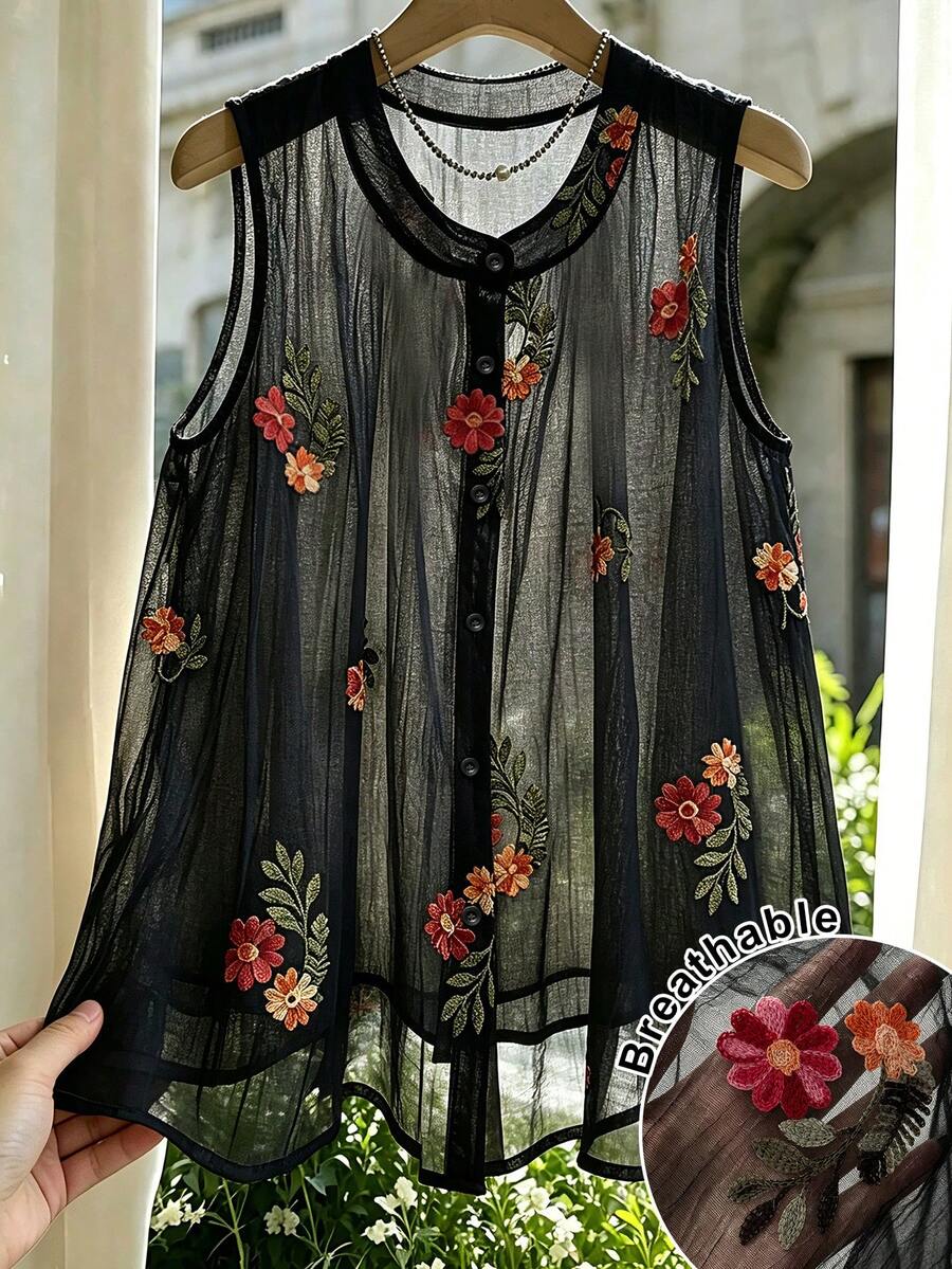 Franclia 大尺碼女款單排扣刺繡3D花卉設計無袖上衣 - 彩色 - 查看 1