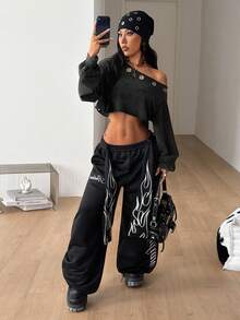 Coolane 女款性感短版不對稱單肩街頭風運動衫 - 黑色 - 查看 5