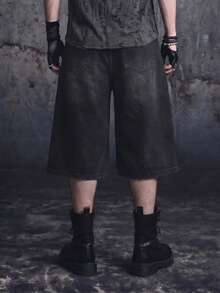 Vyqestra Men's Hiphop Streetwear Rhinestone Star Washed Black Denim Shorts - Black - View 2