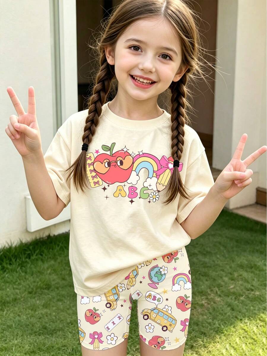 返校季女童幼兒創意卡通鉛筆蘋果彩虹ABC字母印花基本款短袖T恤與單車褲套裝 - 彩色 - 查看 1