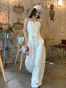 FRIFUL 女款碎花細肩帶牛仔連身褲 夏季野餐度假米白色可愛鄉村風休閒早午餐 - 白色 - 查看 2