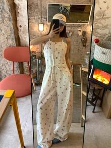 FRIFUL 女款碎花細肩帶牛仔連身褲 夏季野餐度假米白色可愛鄉村風休閒早午餐 - 白色 - 查看 5