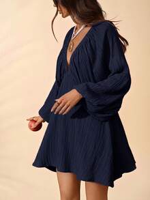 Travachic Solid Color Woven Loose V-Neck Long Sleeve Mini Dress For Women, Spring/Summer - Navy Blue - View 3