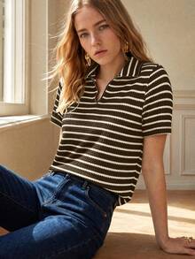 Écloséra New Style Collared Striped Short Sleeve T-Shirt Suitable For Summer, Striped Textured Jacquard T-Shirt, Outing Top - Coffee Brown - View 4