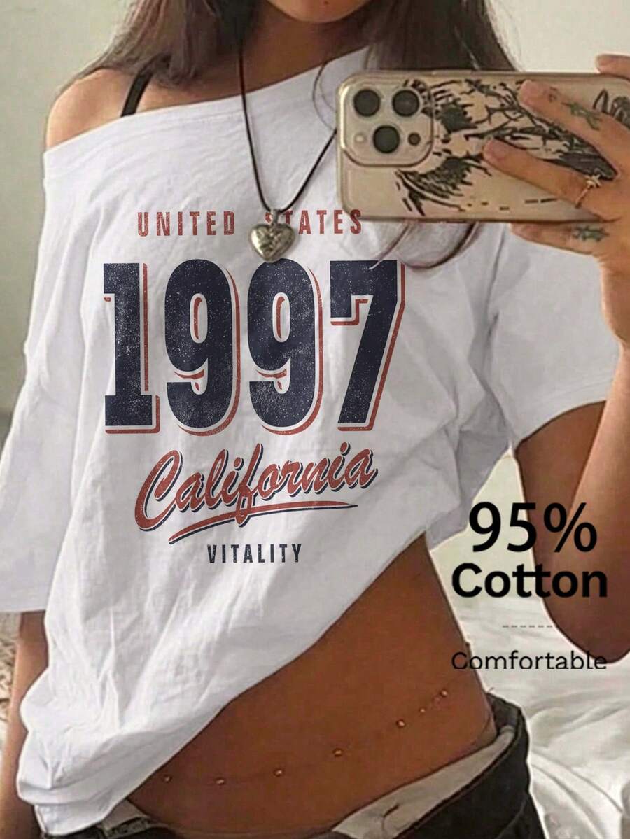 SHEIN EZwear 95%棉女款休閒露肩落肩短袖寬鬆T恤,女款夏季服飾,女款休閒穿搭,街頭風,適合日常通勤、約會、派對、秋冬、夏季、聖誕節、新年、感恩節、派對、婚禮、海灘、畢業、優雅、休閒、外出 - 白色 - 查看 1