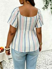 SHEIN Frenchy Vacation Casual Striped Short Sleeve Plus Size T-Shirt - Multicolor - View 2