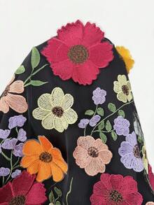 Reflora Plus Size Women's Floral Embroidered Shawl Collar Long Sleeve Elegant Blazer - Black - View 9