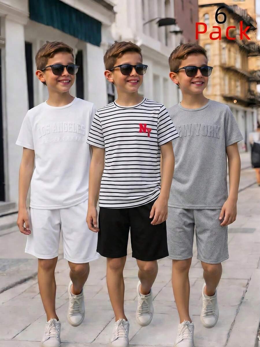 SHEIN 6件組青少年男孩休閒寬鬆字母圖案圓領T恤與短褲套裝 - 黑與白 - 查看 1