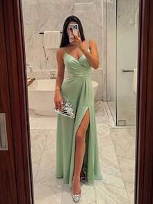Firerie Women's Pleated Deep V-Neck Slit Front Bridesmaid Dress With Spaghetti Straps (Adult) Elegant Dress Wedding - Mint Green - View 3