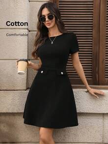 EMERY ROSE Women's Solid Color Round Neck Short Sleeve Button Design Elegant Short Dress - Black - View 1