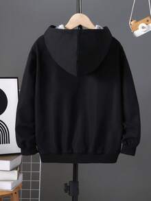SHEIN 2件組兒童青少年男孩休閒舒適梭織貼布口袋抓絨內裡連帽加厚外套 秋冬外套 - 黑色 - 查看 3