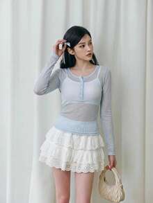Sweetina 女款修身透視仿針織上衣 - 淺藍色 - 查看 7