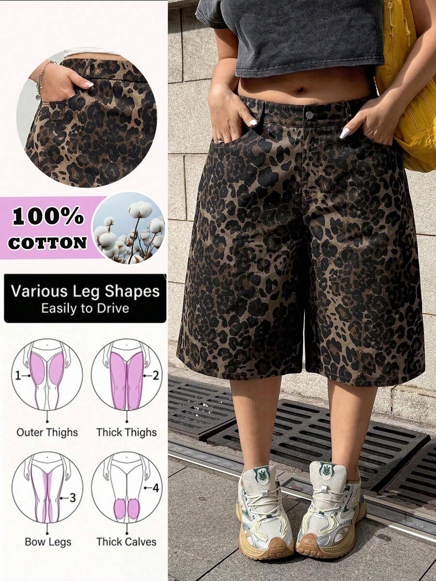 SHEIN CURVE+ 女款大尺碼時尚休閒寬鬆口袋設計短褲,度假、夏季、海灘短褲、嘉年華服裝、夏季、外出、休閒、海灘度假 - 綠色 - 查看 1