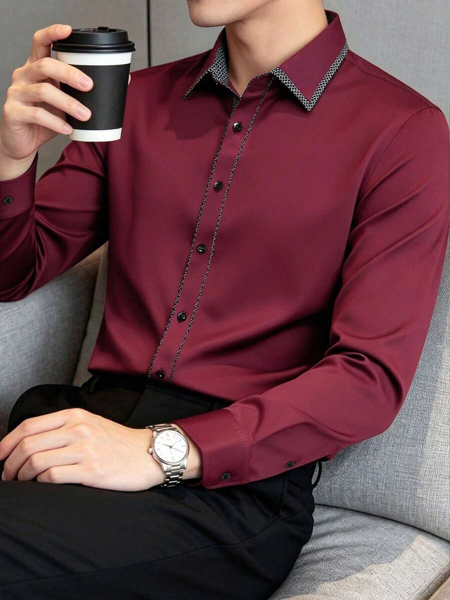 Manfinity Bizformal 男士休闲商务撞色纽扣长袖衬衫 酒红色男士衬衫 深红色衬衫 男士红色正装衬衫 商务休闲男士衬衫 栗色衬衫 正式衬衫
