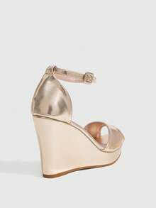 CUCCOO SZL Womens Gold Metallic Platform Wedges With Ankle Strap Open Toe Sandals - Gold 1 - View 3