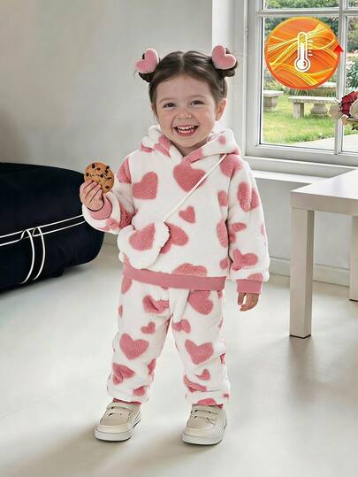 SHEIN Vintaside Kids 嬰兒毛絨套裝，加厚珊瑚絨連帽套裝附包包，可愛粉色愛心設計，秋冬款