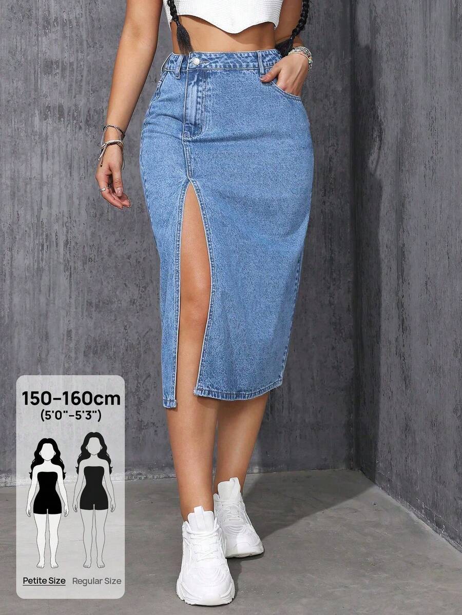 SHEIN PETITE 女款個性化寬鬆版開衩下擺四季牛仔長裙 - 淺色水洗藍 - 查看 1