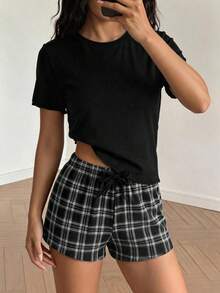 青少年女孩休閒寬鬆極簡風圓領短袖短褲家居服，適合春夏穿著 - 彩色 - 查看 1