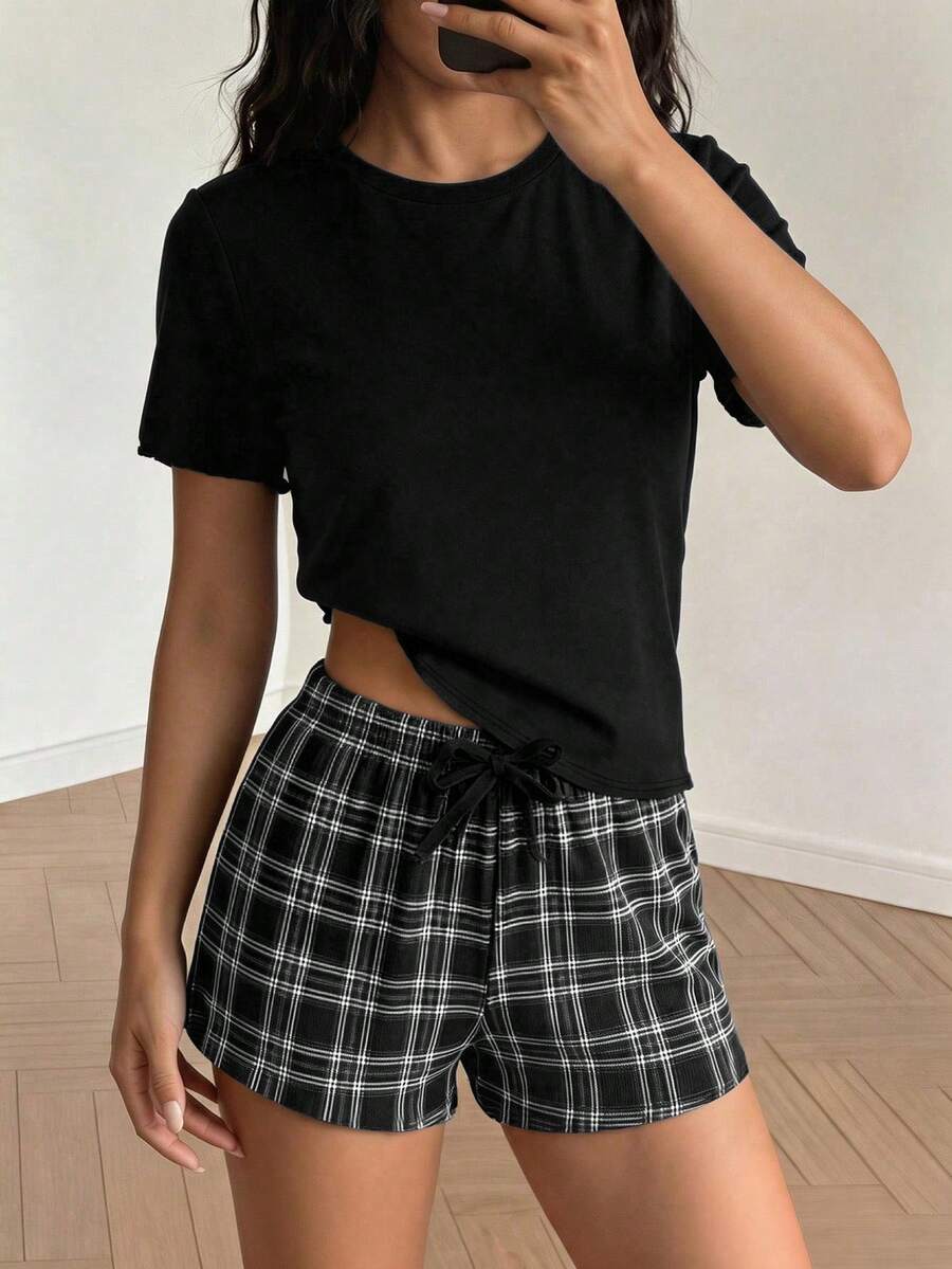 青少年女孩休閒寬鬆極簡風圓領短袖短褲家居服,適合春夏穿著 - 彩色 - 查看 1