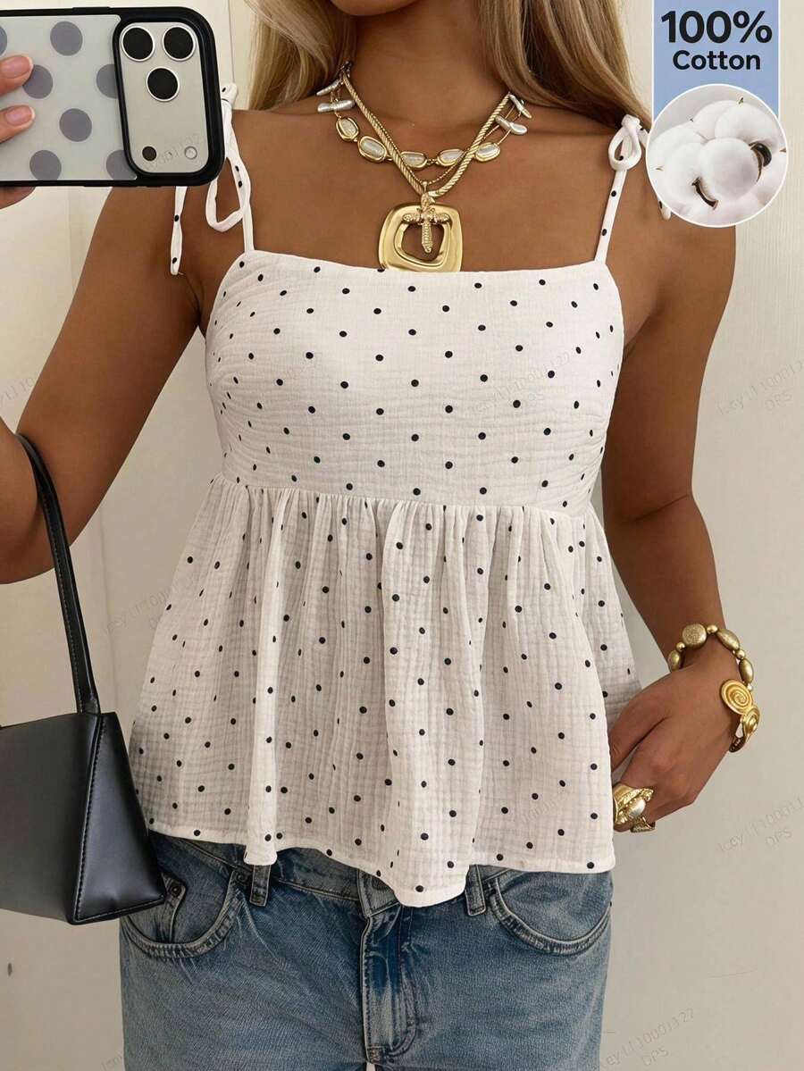 SHEIN EZwear 女款素色圓點荷葉邊肩結綁帶上衣
